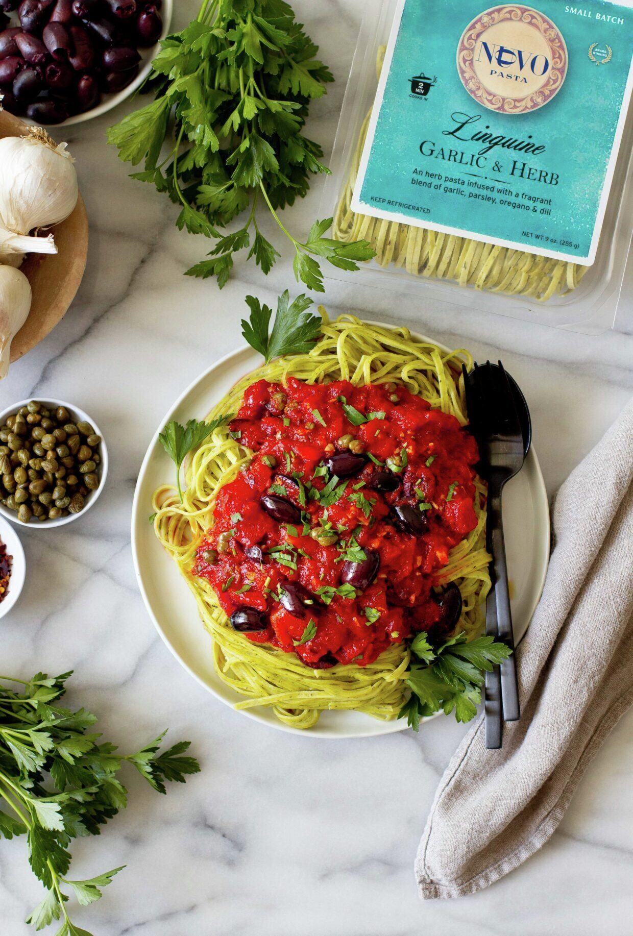 Garlic & Herb Linguine with Puttanesca Sauce