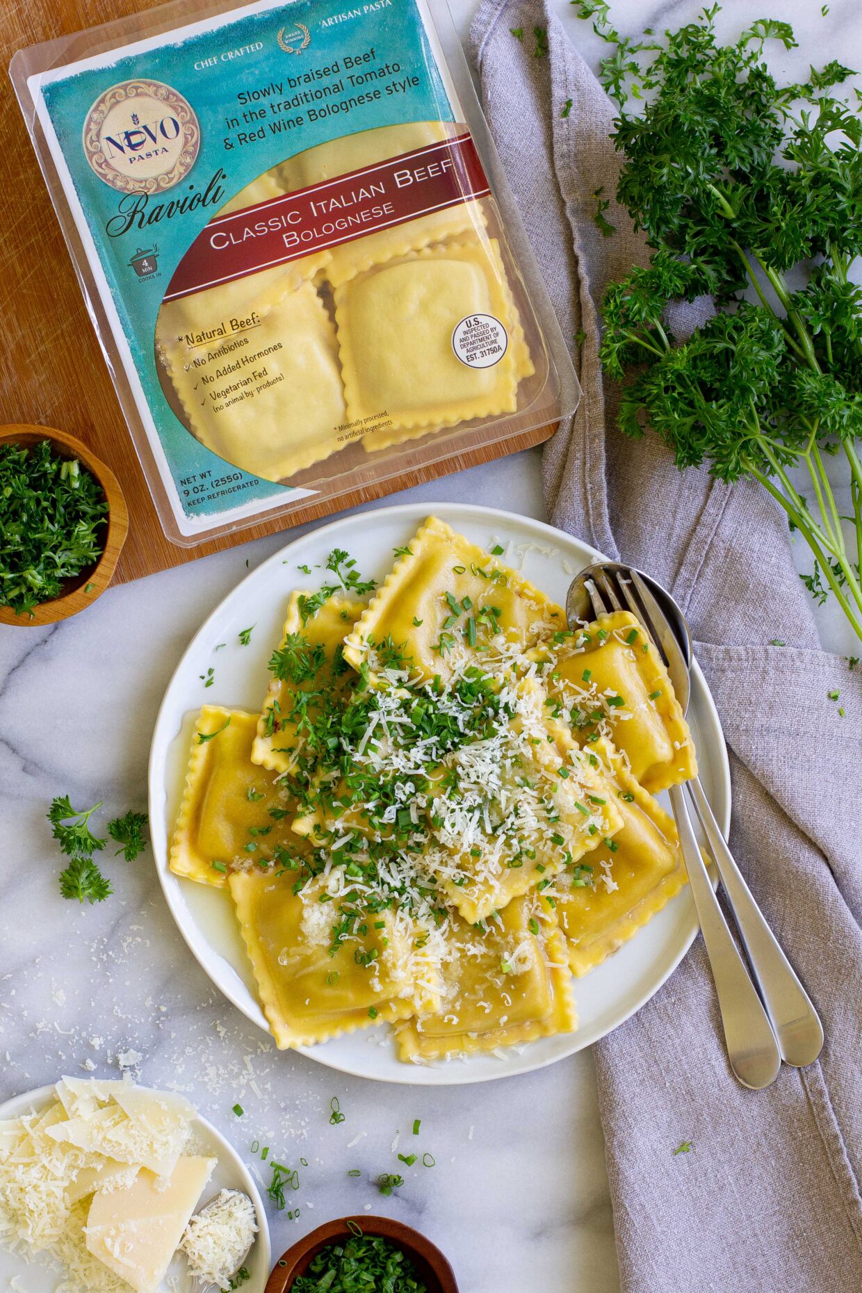 Classic Italian Beef Bolognese Ravioli with Butter, Fresh Herbs and Parmigiano Reggiano