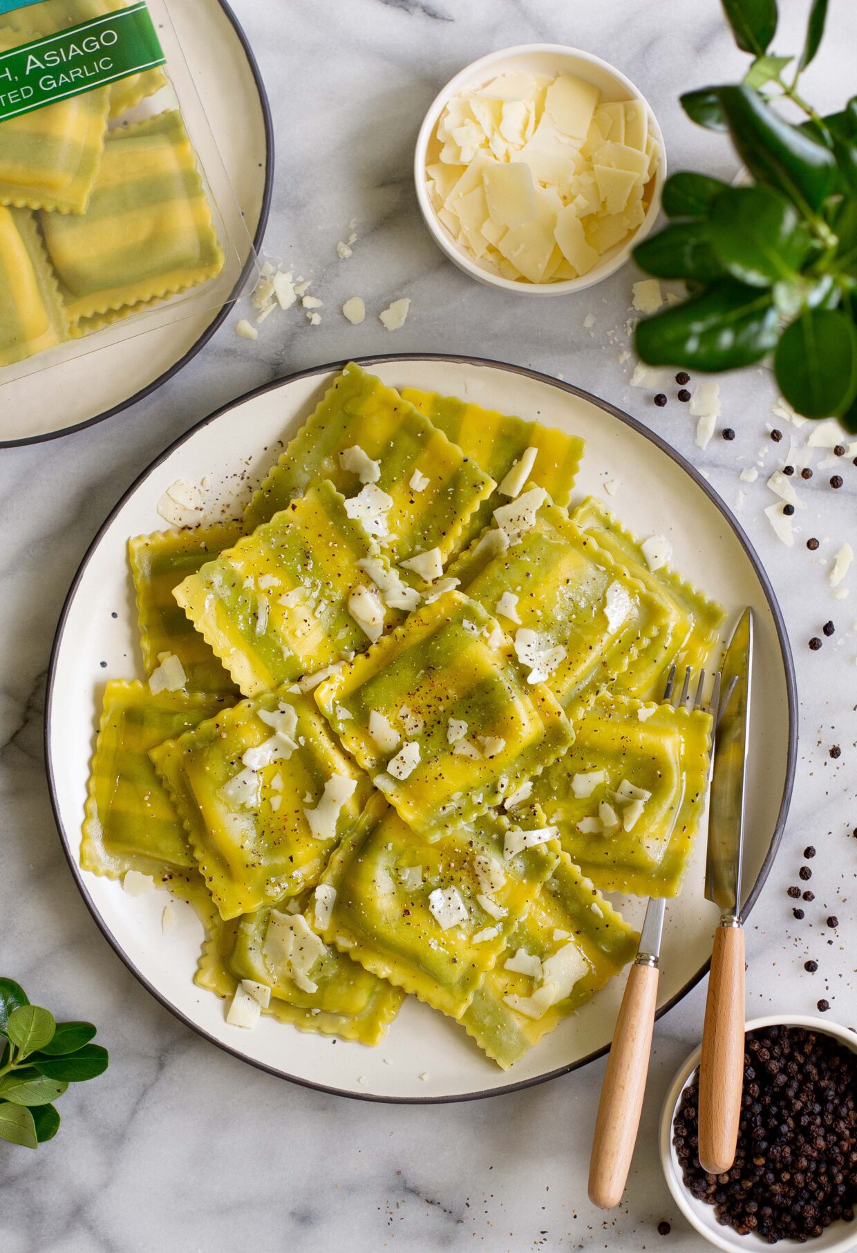 Spinach, Asiago & Roasted Garlic Ravioli with Olive Oil and Shaved Asiago