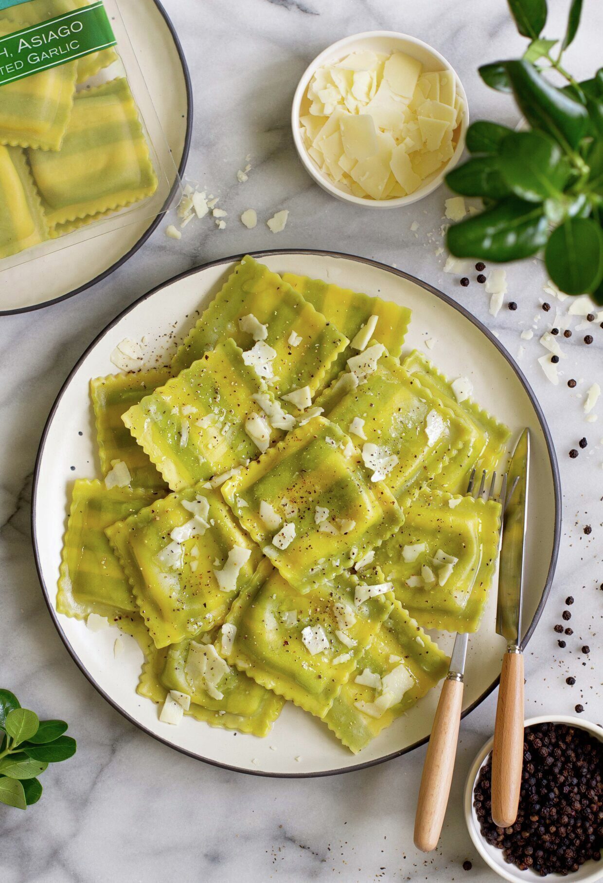 Spinach, Asiago & Roasted Garlic Ravioli with Olive Oil and Shaved Asiago