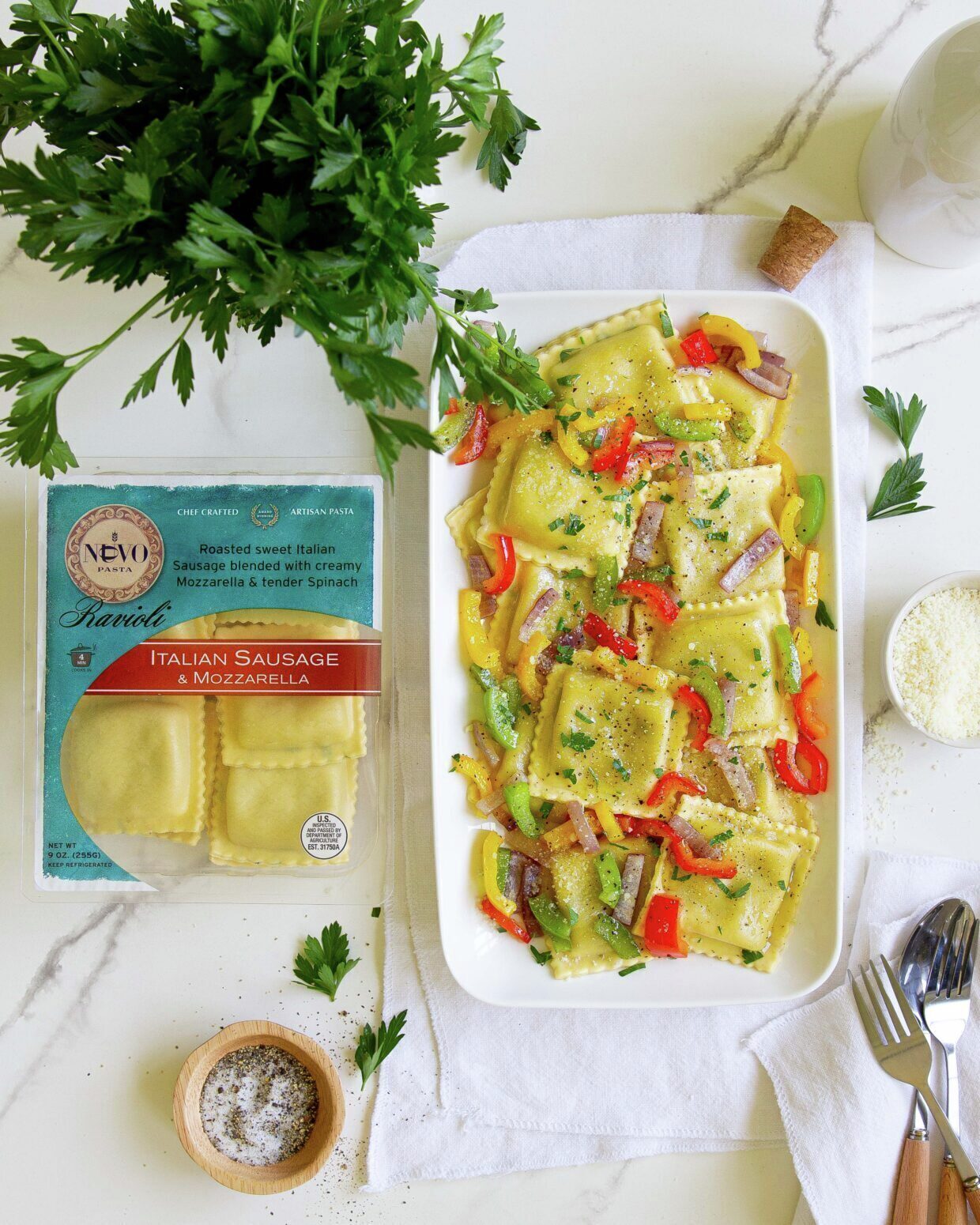 Italian Sausage and Mozzarella Ravioli with Peppers and Onions