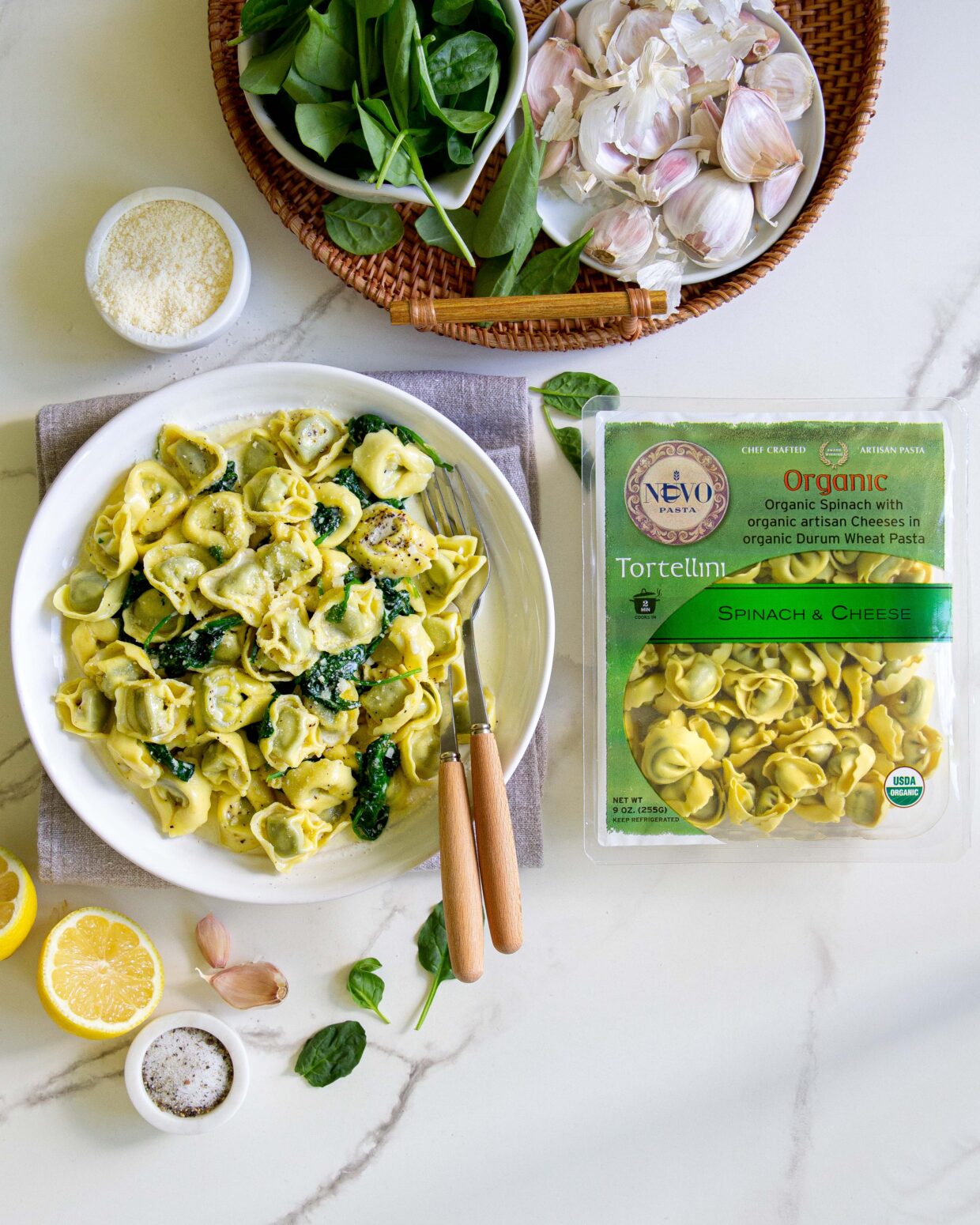 Organic Spinach and Cheese Tortellini with Lemon, Spinach, and Parmesan Cream