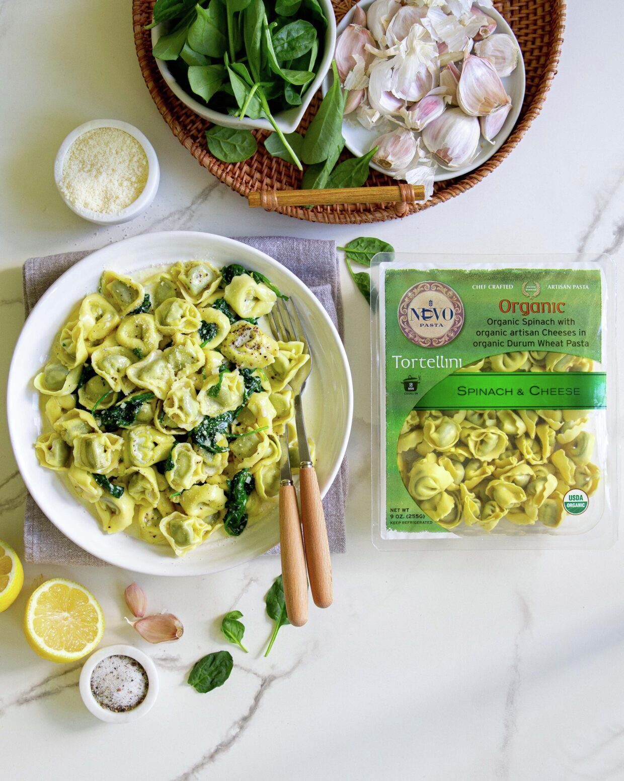 Organic Spinach and Cheese Tortellini with Lemon, Spinach, and Parmesan Cream