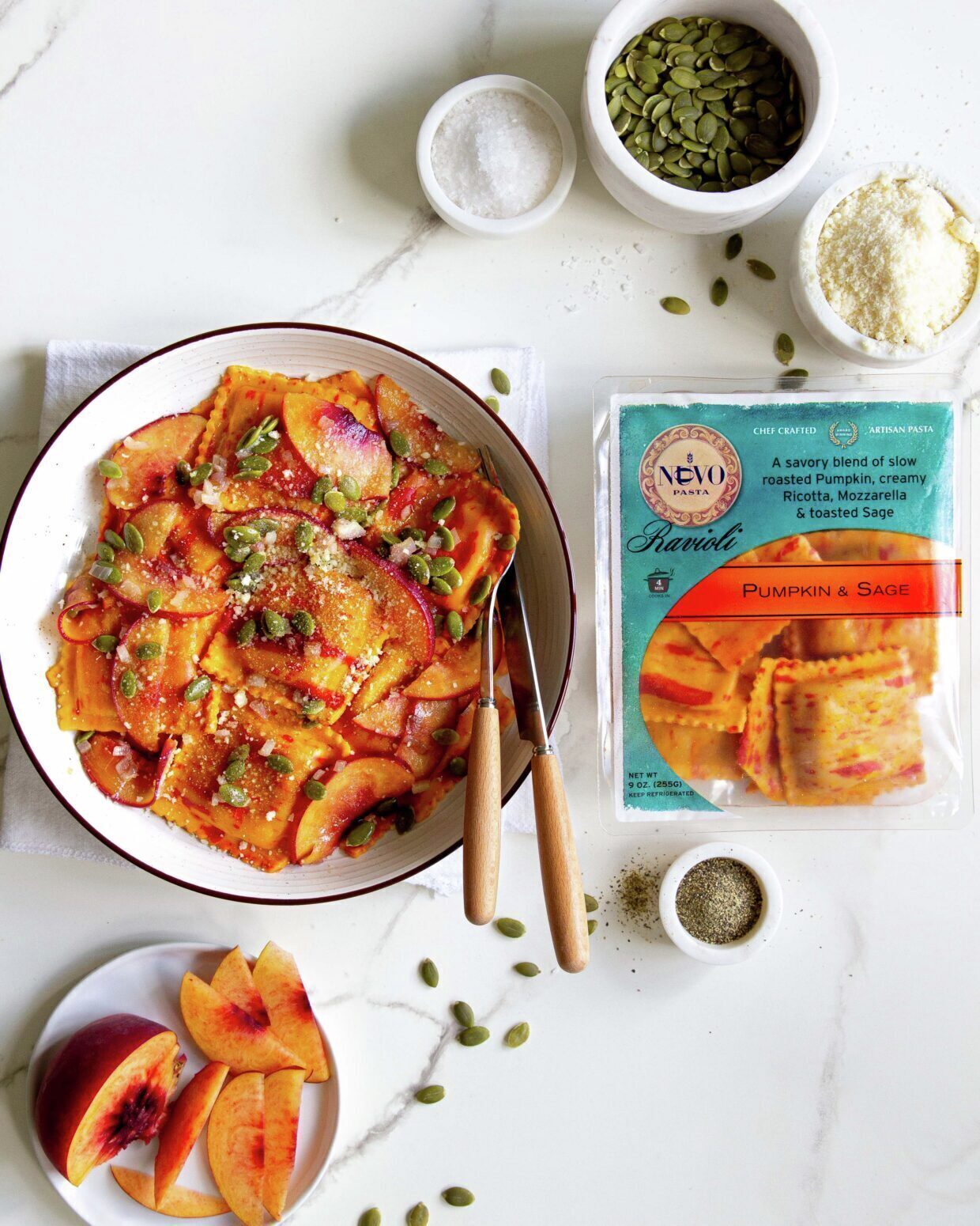 Pumpkin and Sage Ravioli with Pan-Seared Peaches and Pumpkin Seeds