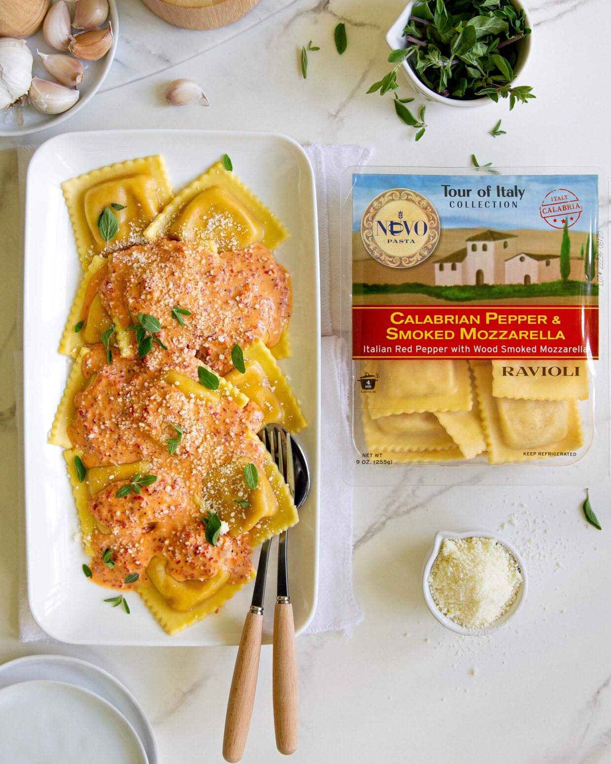 TOUR OF ITALY COLLECTION: CALABRIAN PEPPER AND SMOKED MOZZARELLA RAVIOLI Creamy Roasted Pepper Sauce