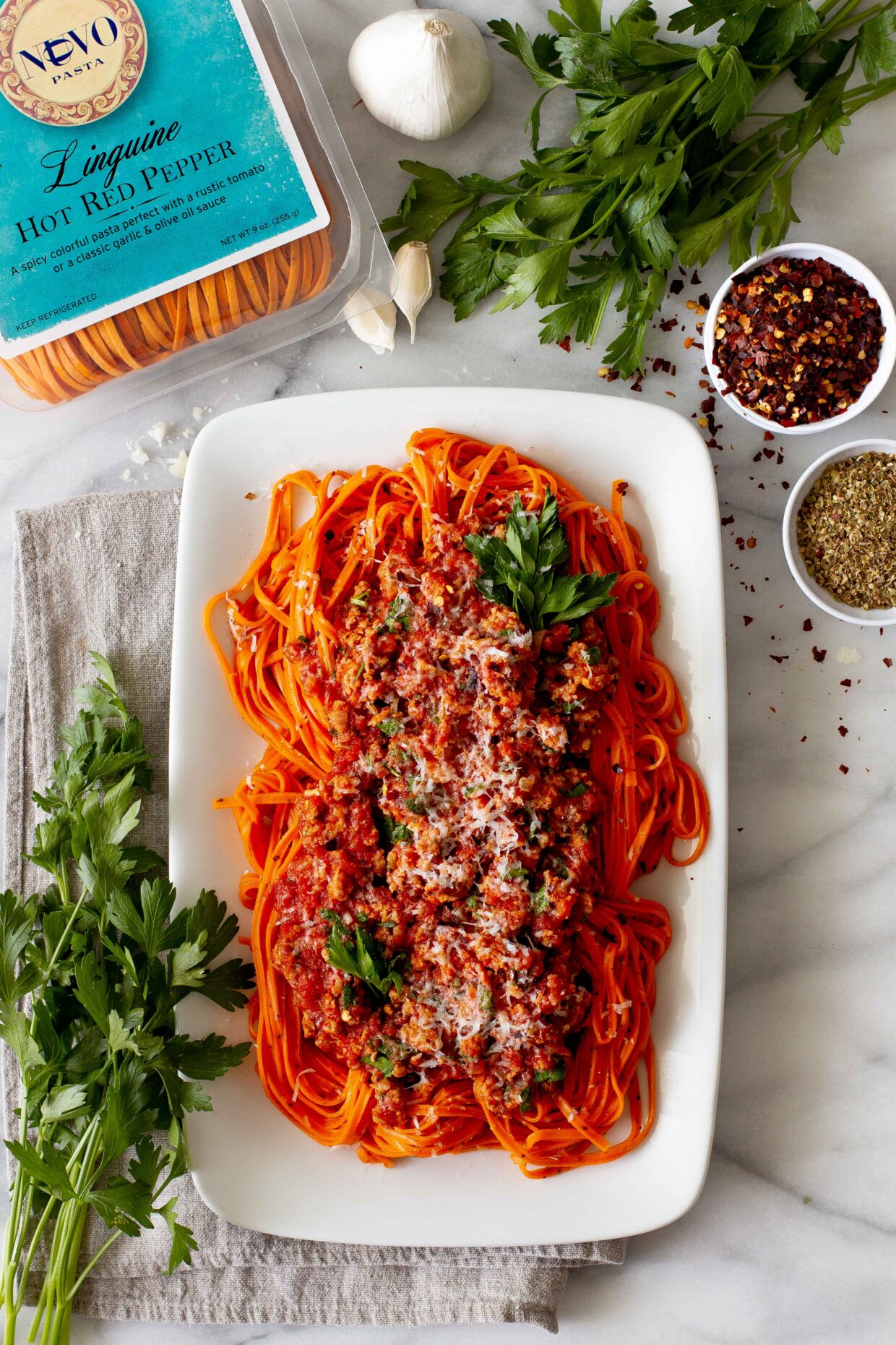 Hot Red Pepper Linguine with Calabrese Meat Sauce