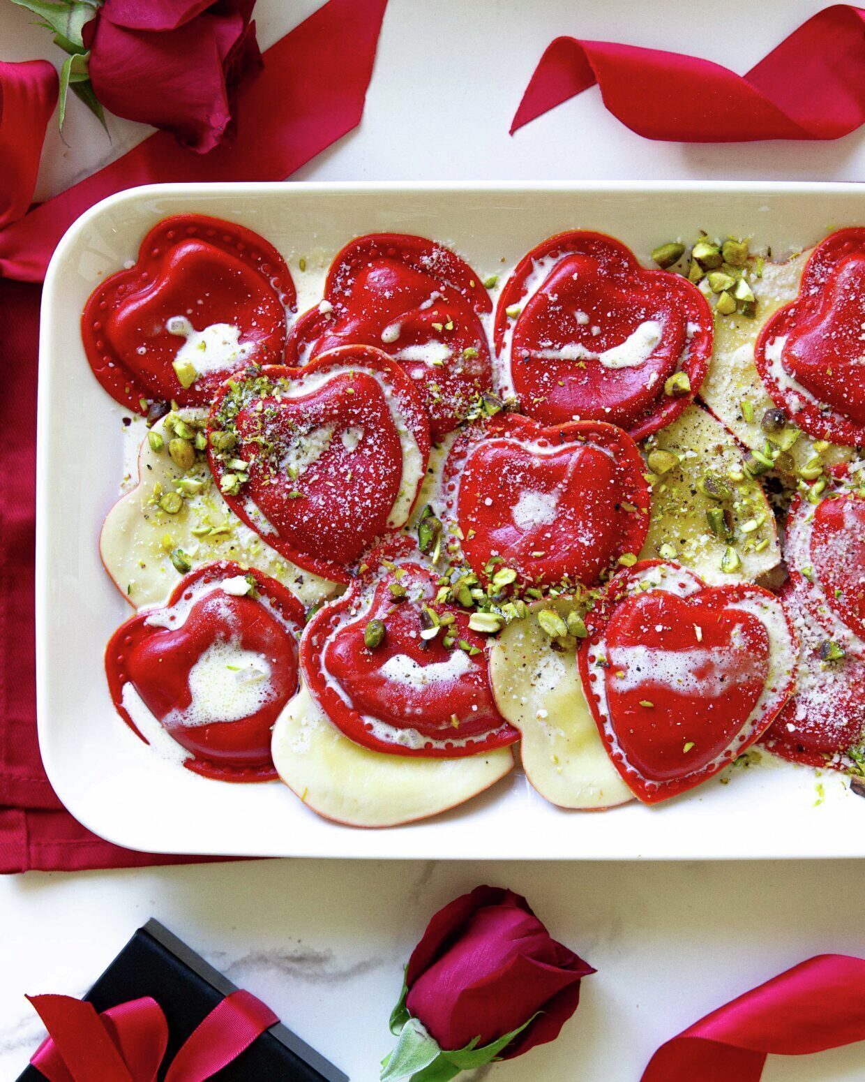 Heart-Shaped Ravioli with Cognac Cream and Pistachios