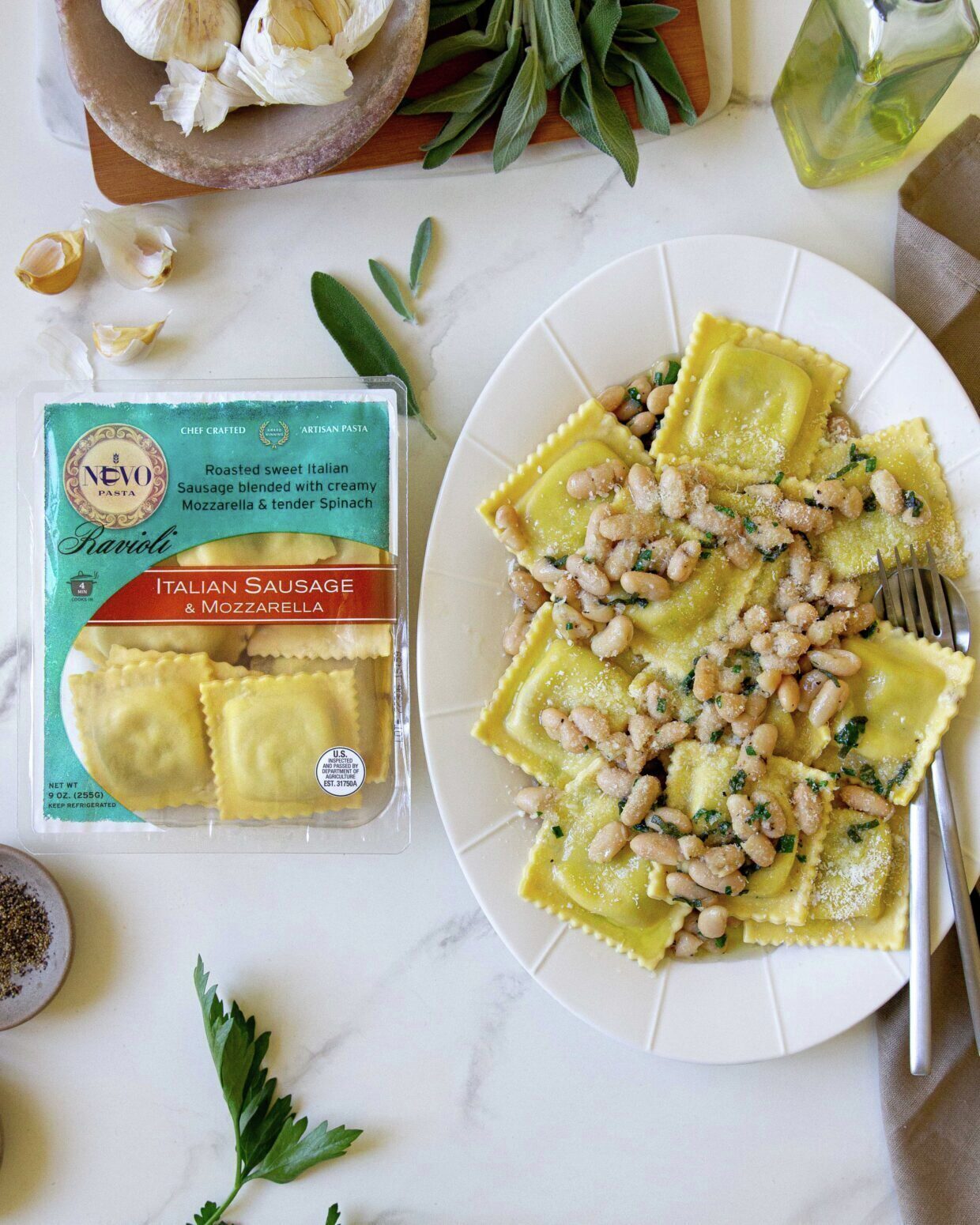 Italian Sausage & Mozzarella Ravioli with Tuscan Beans