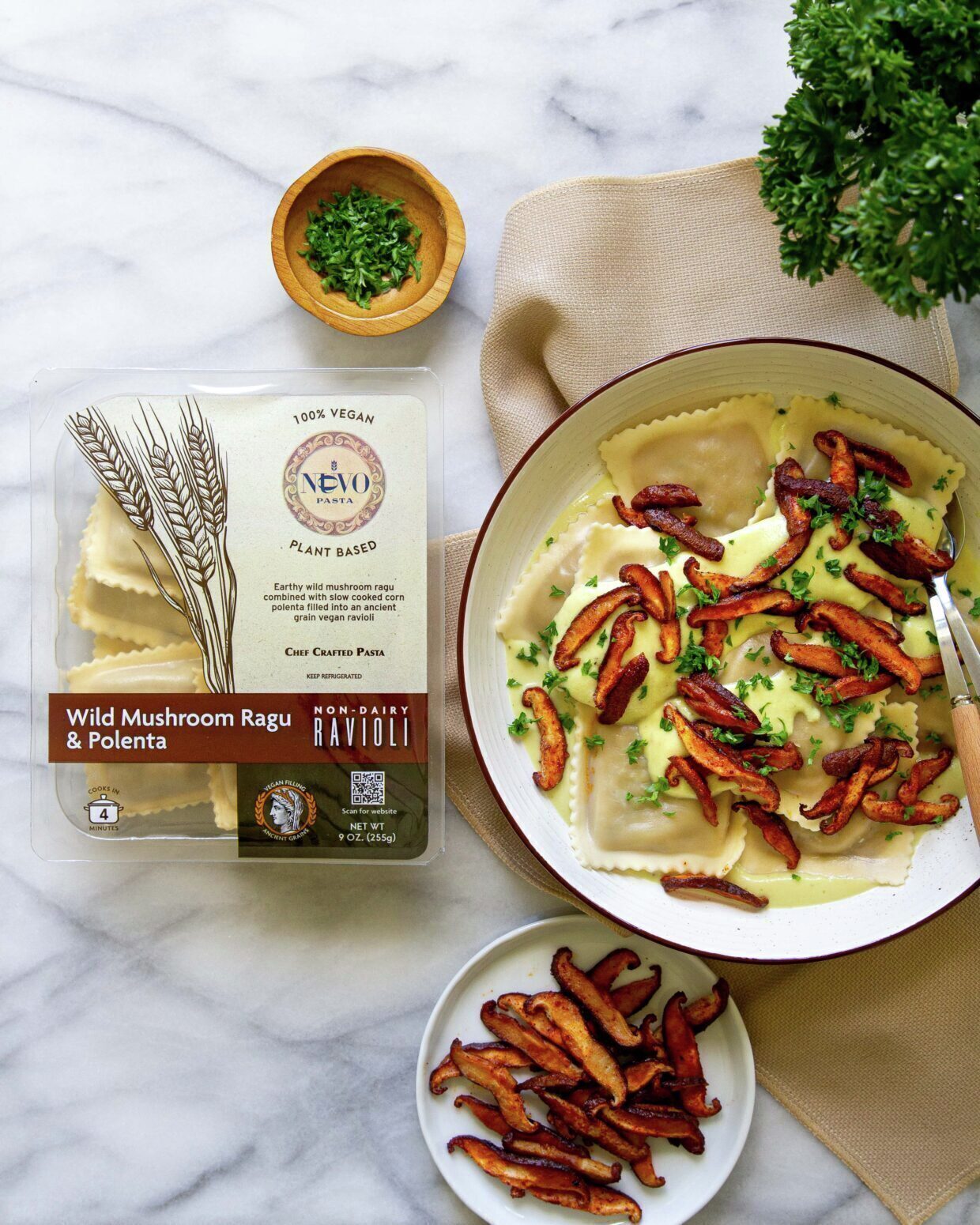 Wild Mushroom Ragu & Polenta Ravioli with Vegan Carbonara