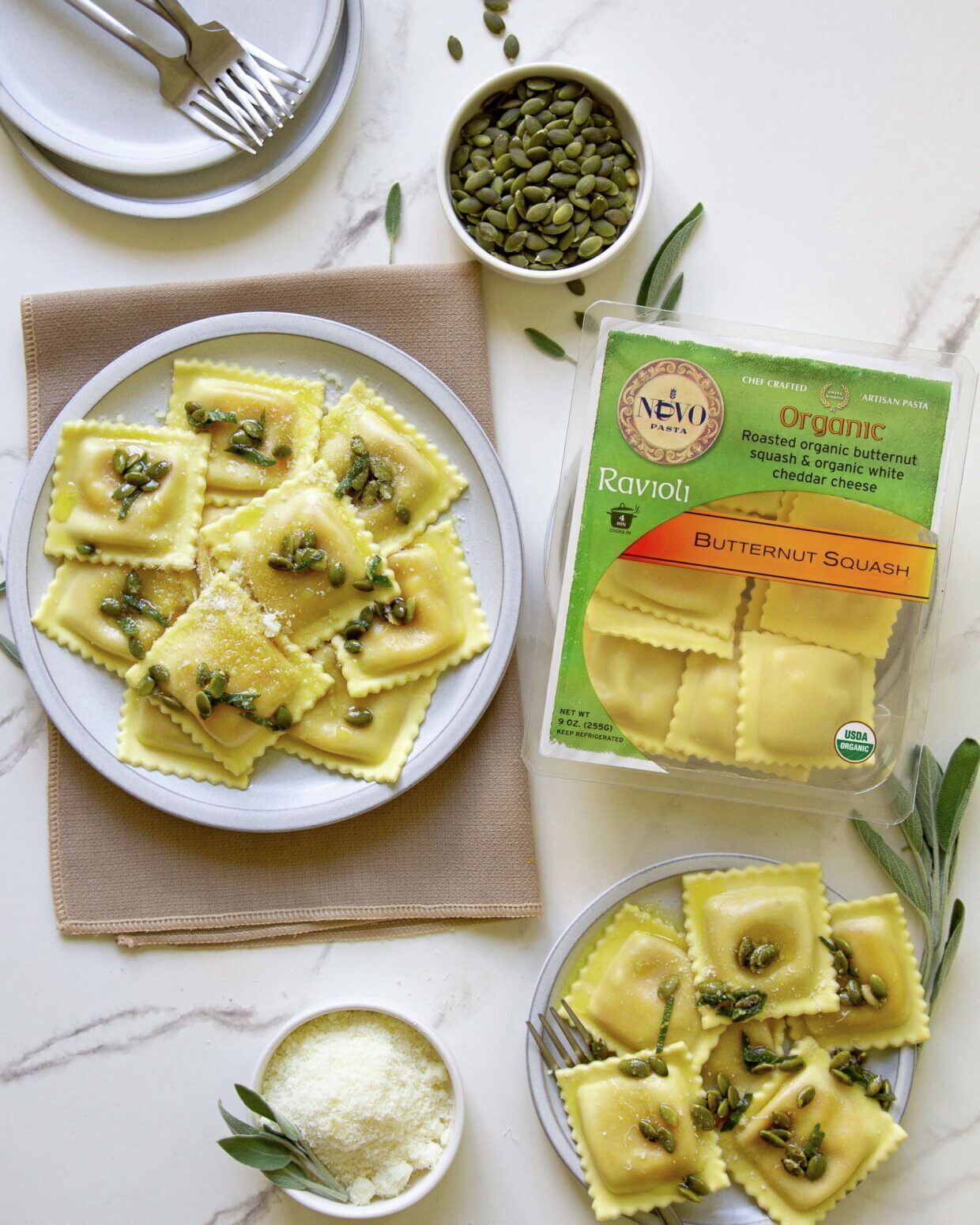 Organic Butternut Squash Ravioli Brown Butter, Sage, and Pepitas