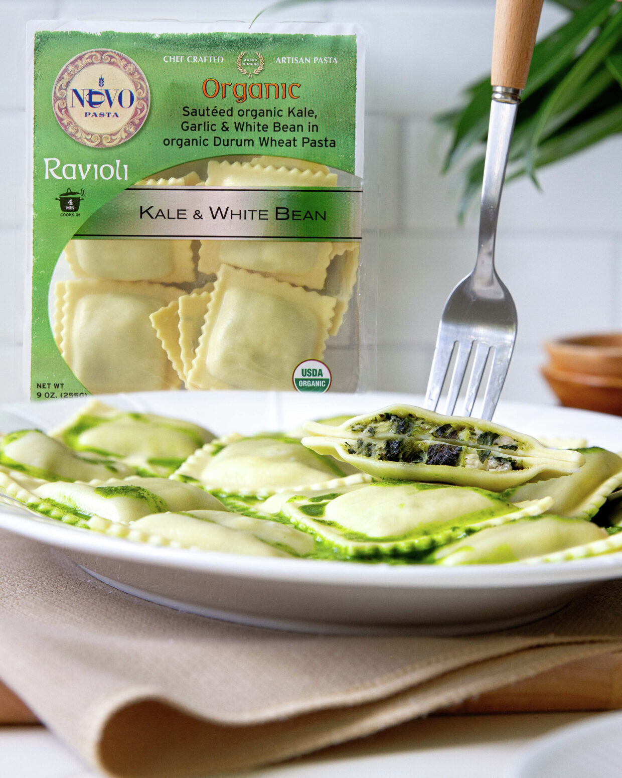 Organic Kale and White Bean Ravioli with Kale Pesto