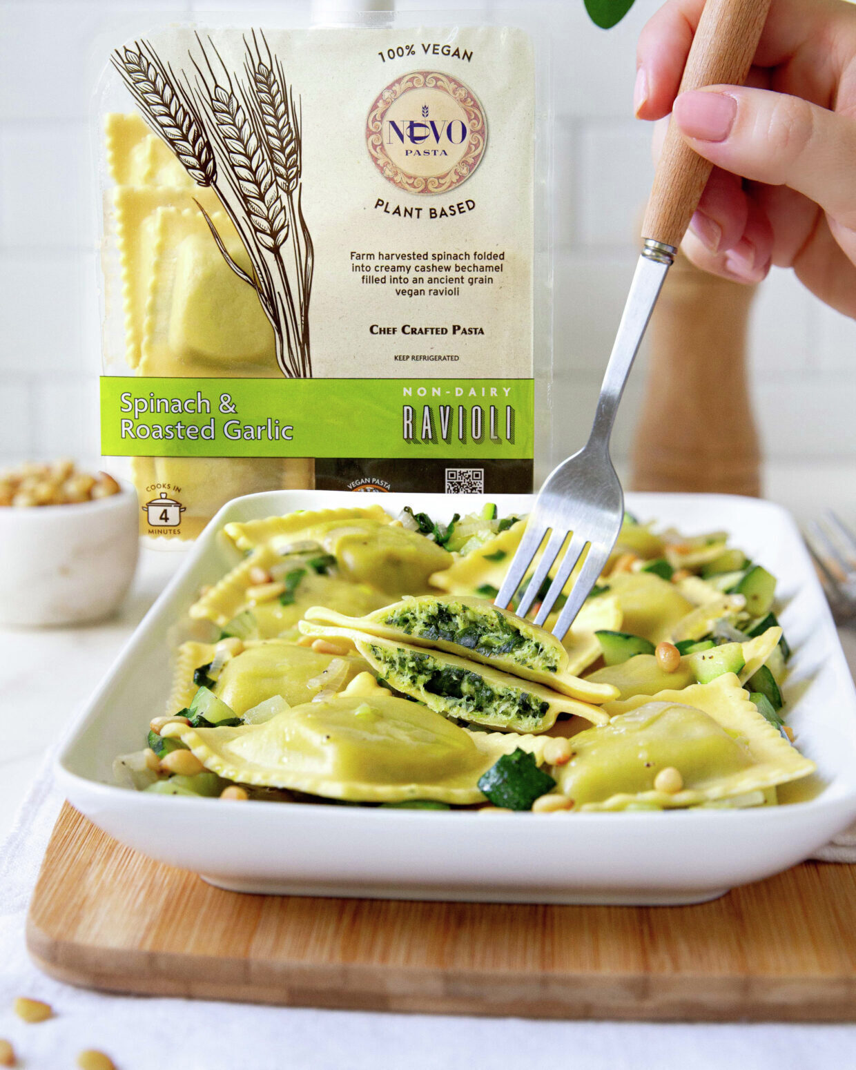 Vegan Spinach & Roasted Garlic Ravioli with Zucchini and Pine Nuts