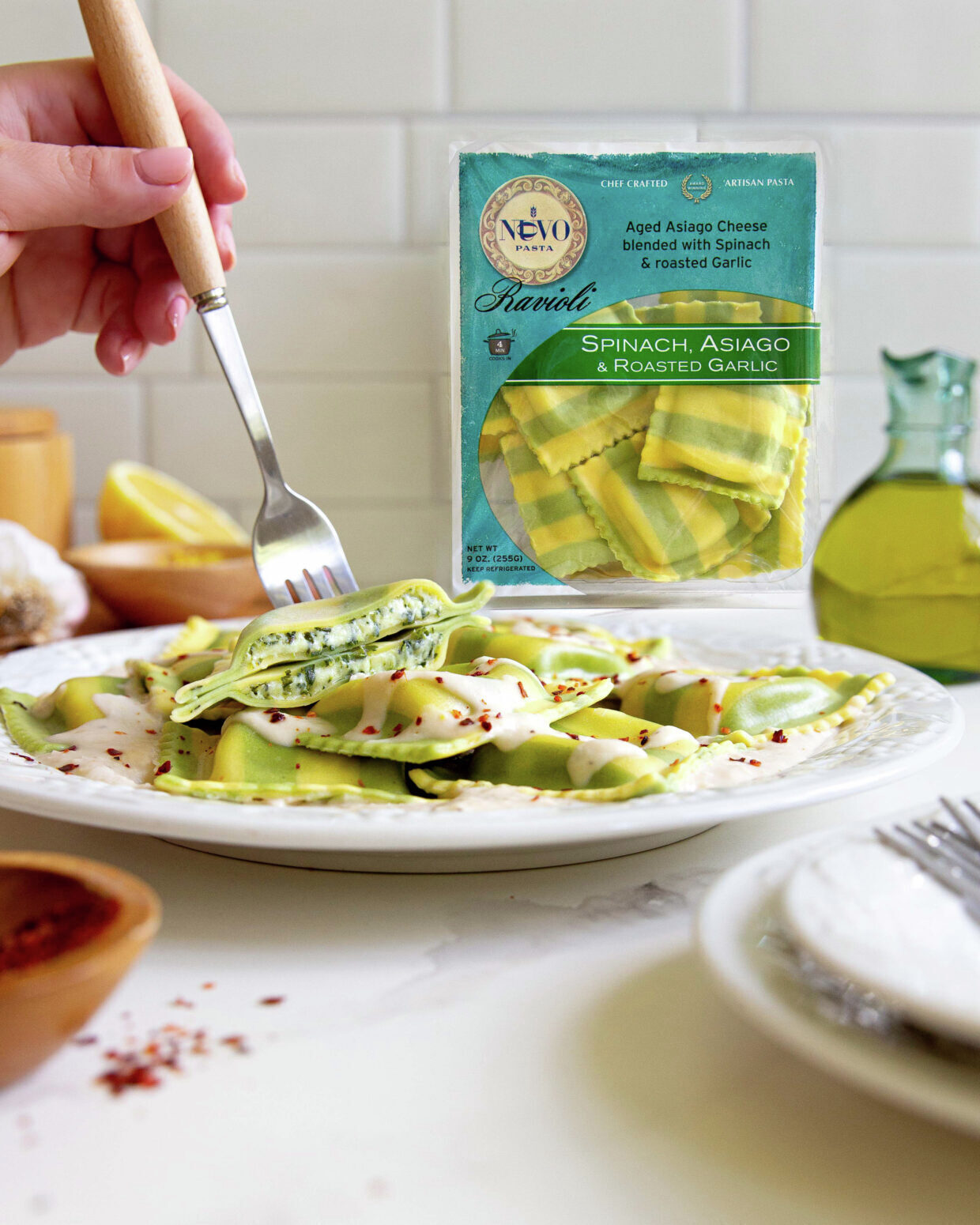 Spinach, Asiago & Roasted Garlic Ravioli with Tuscan Bean Hummus