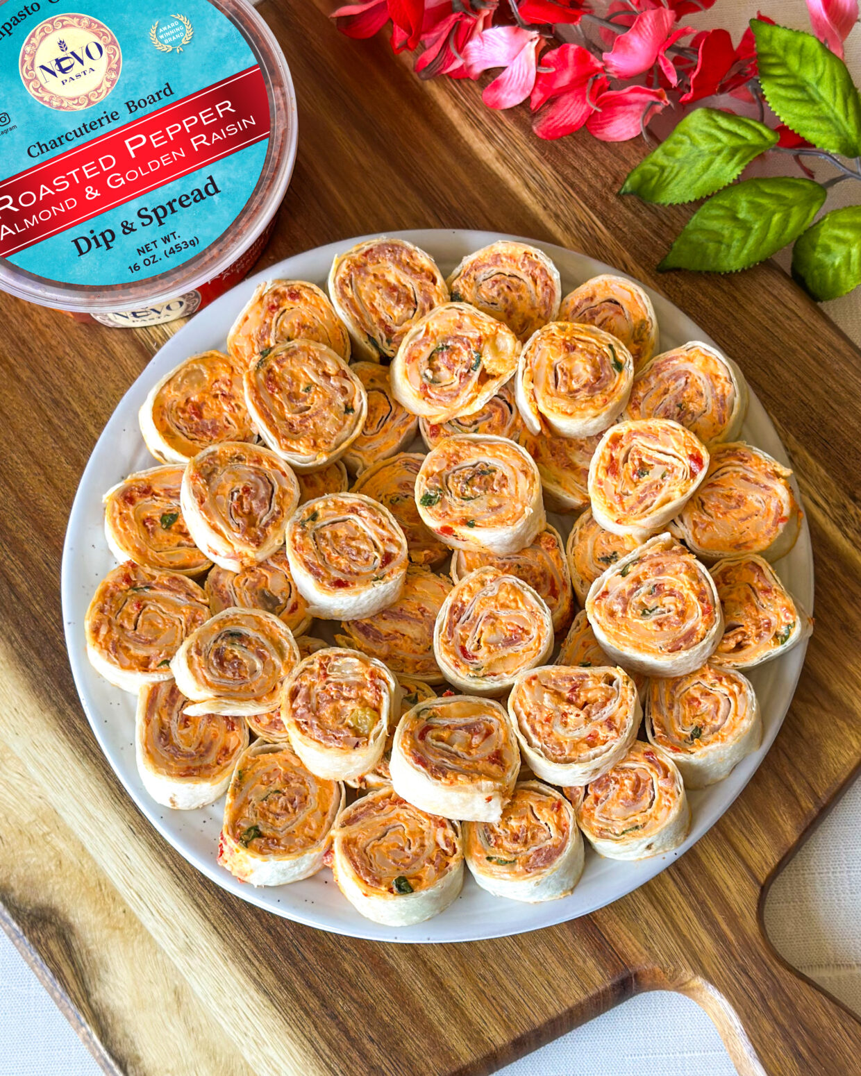 Tortilla Pinwheels with Roasted Pepper, Almond & Golden Raisins
