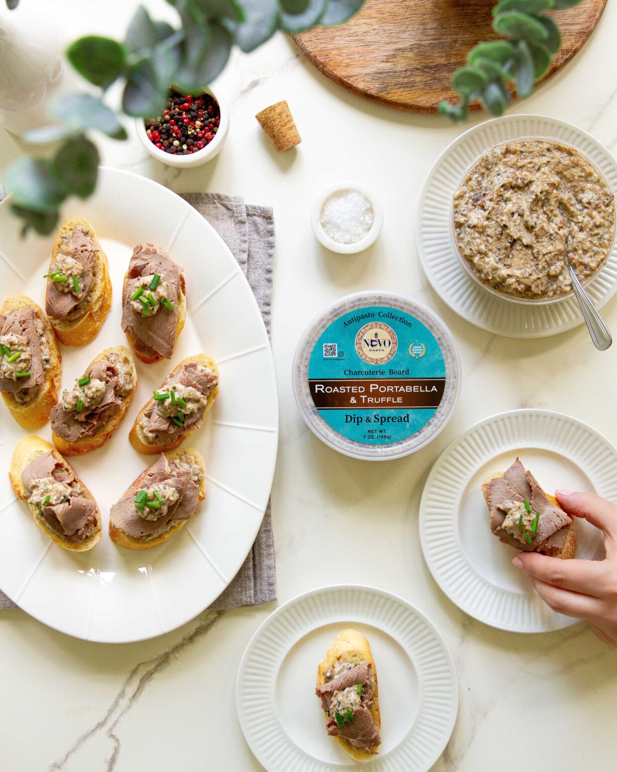 Truffle and portabella roast beef crostini