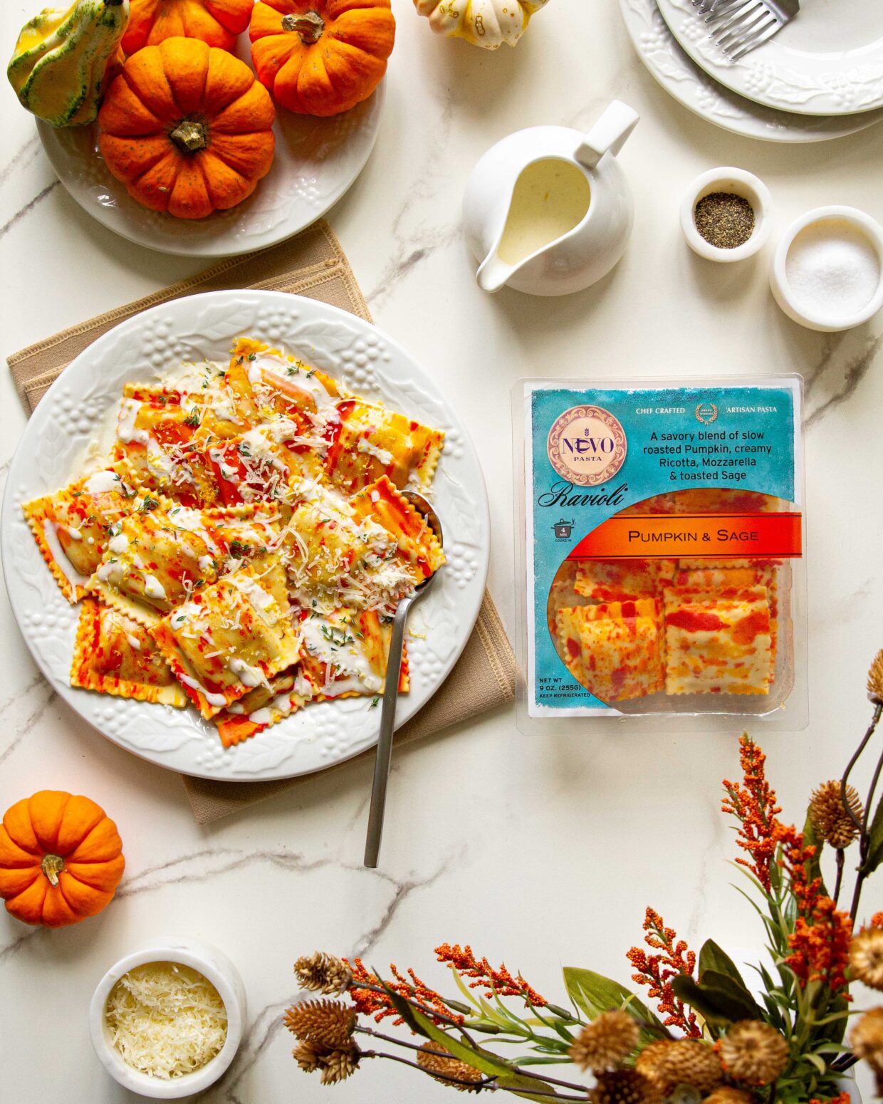 Pumpkin and Sage Ravioli with Lemon-Thyme Parmesan Cream